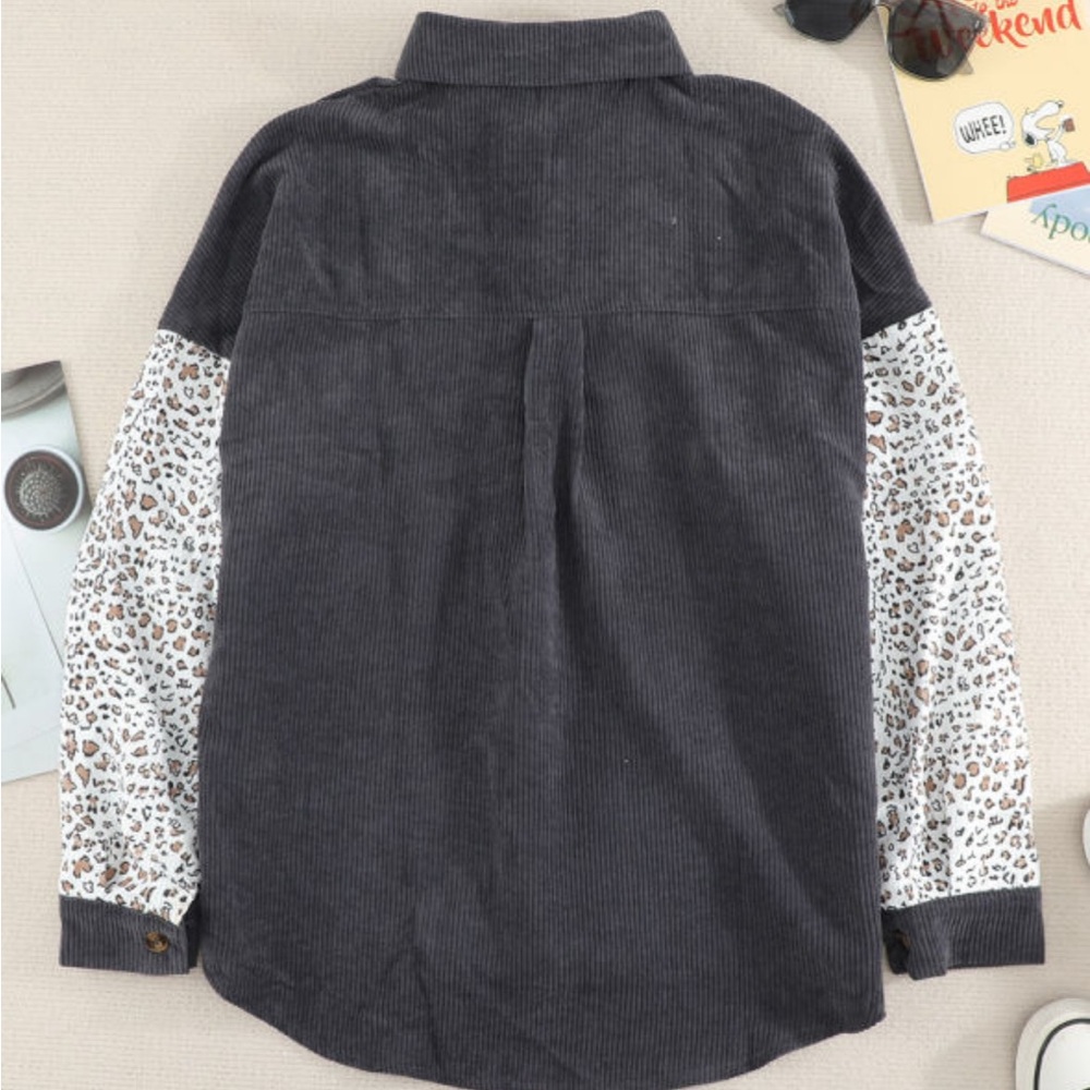 Leopard Accent Corduroy Button-Down Shirt in Charcoal - Picture 4 of 4